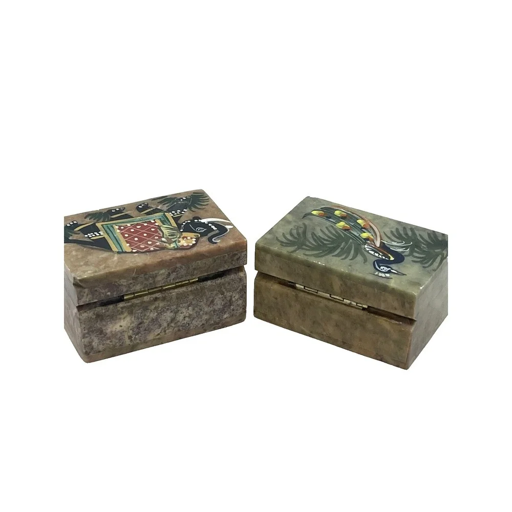 Hand Painted Handmade Soapstone Elephant & Peacock Trinket Jewelry Boxes Set